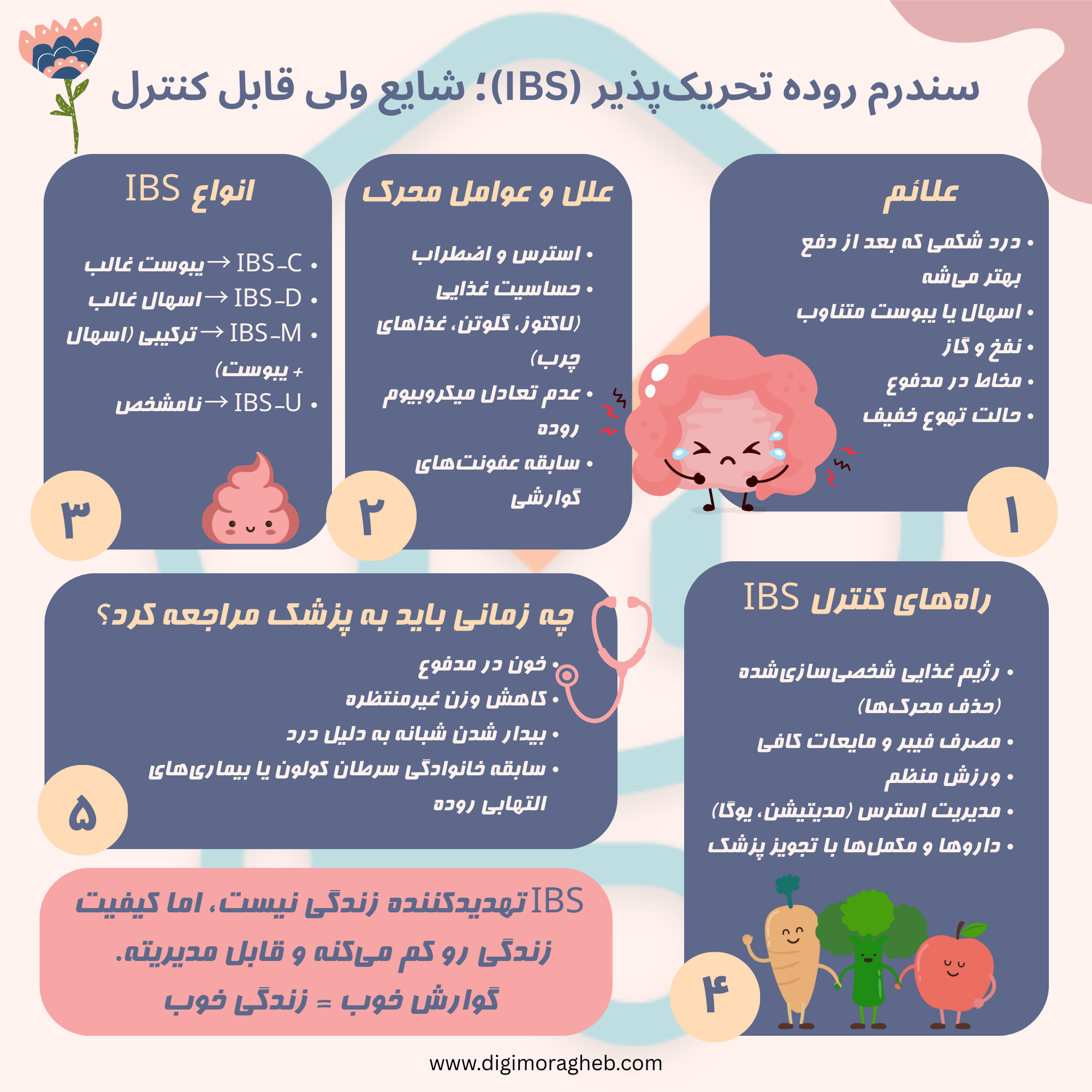 ایفوگرافیک انواع IBS، علائم، علل و عوامل و راههای کنترل سندرم روده تحریکپذیر