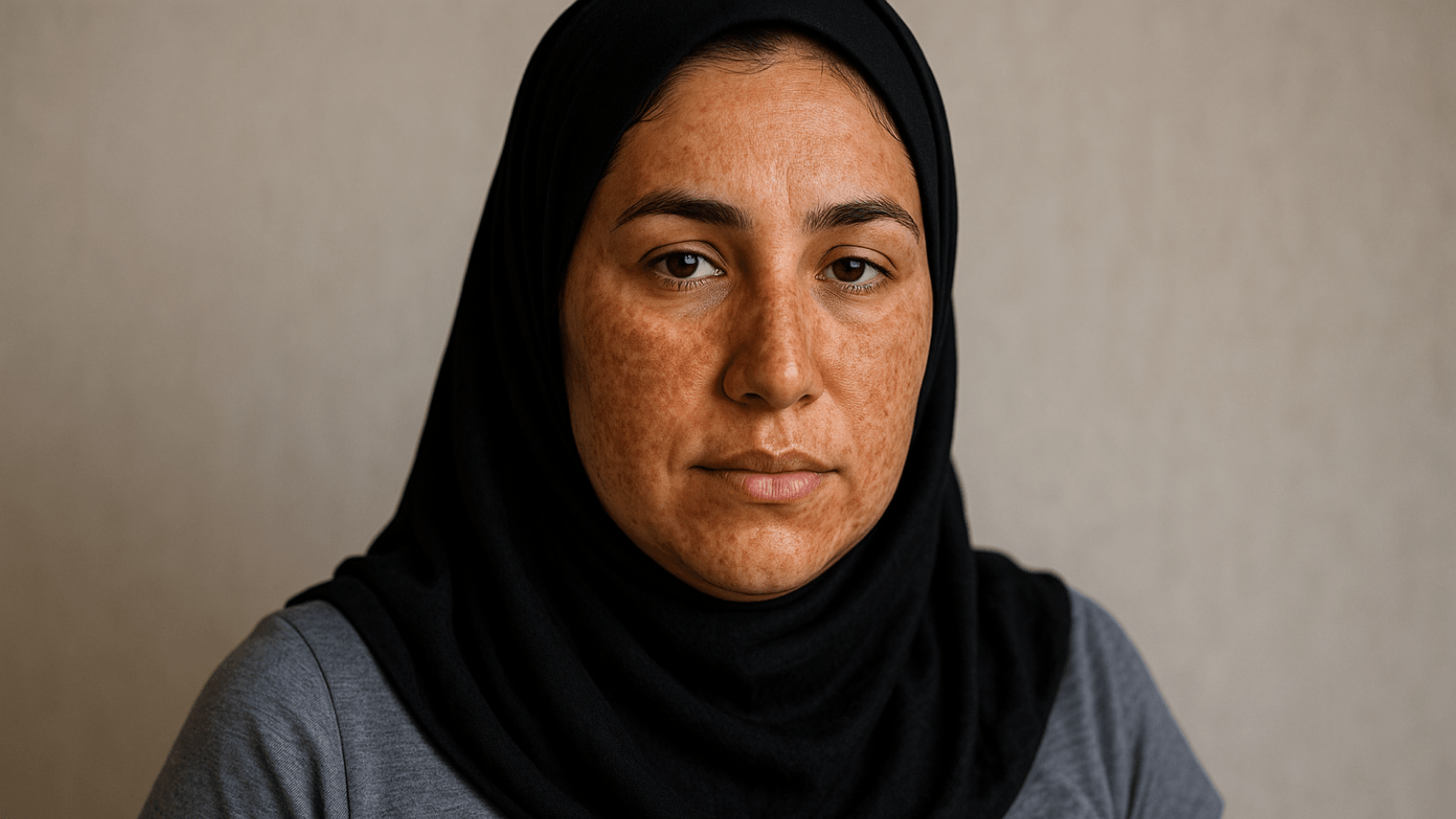 نمای نزدیک از ملاسما روی صورت زن باردار؛ لکههای تیره قهوهای در مرکز صورت.