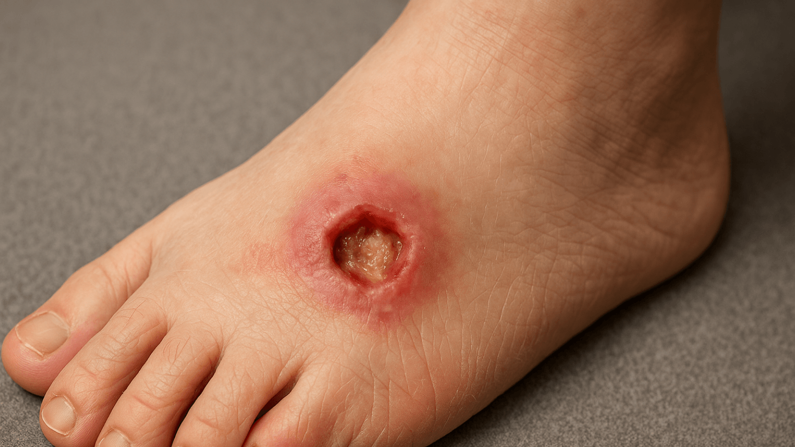 تصویر زخم پای دیابتی به عنوان یکی از شایعترین عوارض دیابت نوع دو در بیماران بزرگسال.