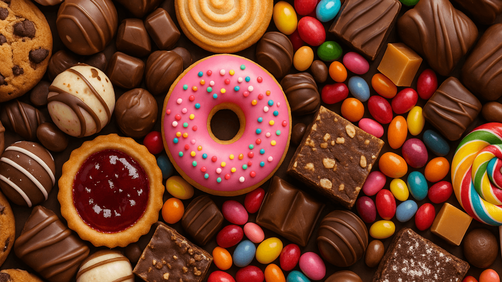 تصویر خوراکیهای مضر شامل قندهای ساده، غذاهای پرچرب و کمفیبر بهعنوان عوامل آسیب به بدن.